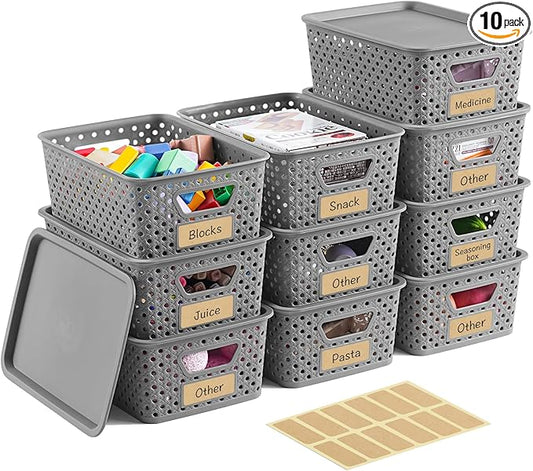 10 Pack Small Plastic Storage Bins with Lids, Stackable Plastic Storage Baskets for Organizing with Handles, Organizer Bins with Labels for Room,Craft,Containers for Pantry Organizers and Storage,Grey