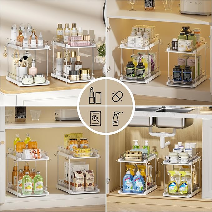 Delamu Under the Sink Organizer, 2-Tier Pull-Out Cabinet Drawers with Adjustable Shelf & Hooks, Under Sink Cabinet Organizer for Bathroom, Kitchen, Vanity & Every Household(White, 2 Pack)