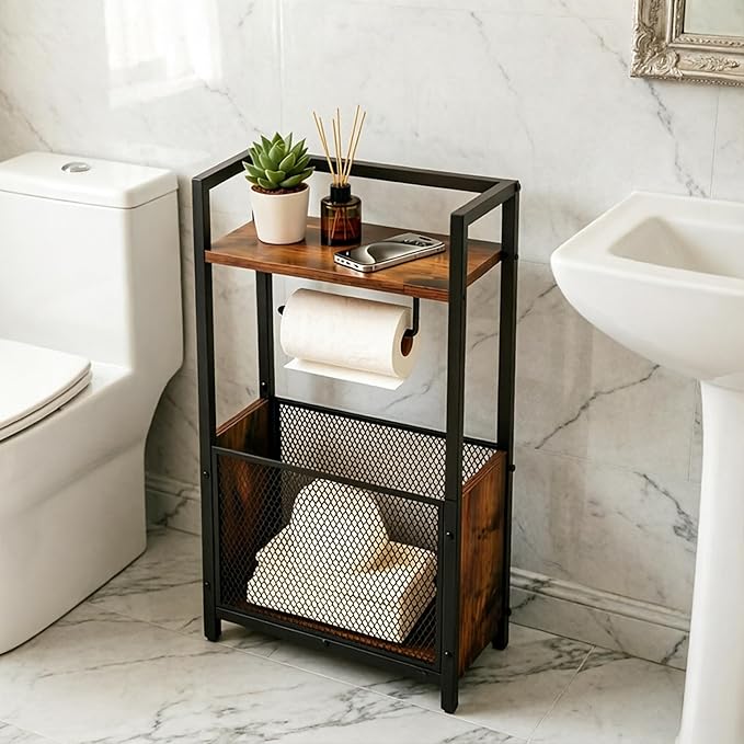 Toilet Paper Holder Free Standing, Black Toilet Paper Holder Stand, Freestanding Toilet Paper Holder for Bathroom Tissue Holder Roll Holder, Magazines, Wipes