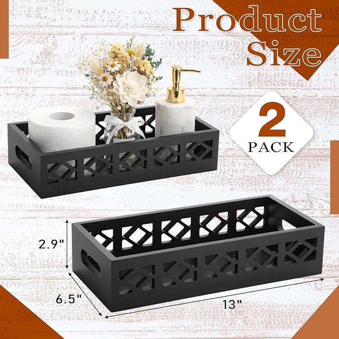 Qunclay 2 Pack Black Toilet Tank Baskets Wooden Toilet Tank Top Paper Baskets with Handle Rustic Hollow Bathroom Paper Organizer Holders Farmhouse Decorative Bathroom Storage Box