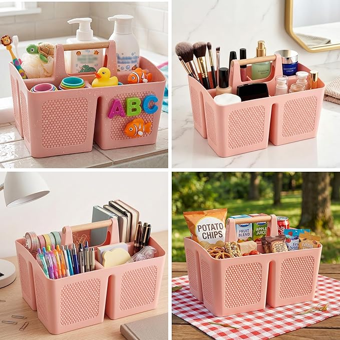 Haundry Portable Shower Caddy Basket with Handle, 3-Compartment Plastic Bathroom Organizer, Dorm Shower Basket for College Students, Quick Drain Storage Tote for Toiletries, Camping, Gym, RV