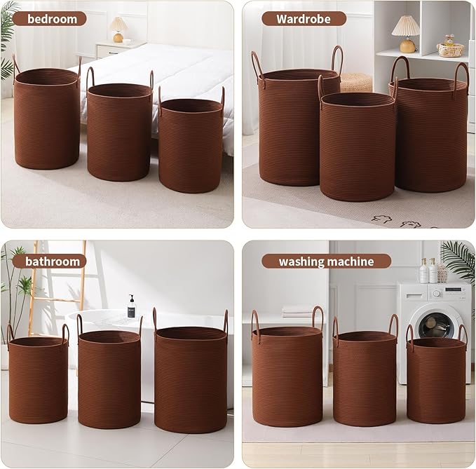 Laundry Basket Hamper Tall Rope Storage Woven for Blanket toys Dirty Clothes in Living Room Bathroom Bedroom (Dark Brown, 100L/26.4Gal)