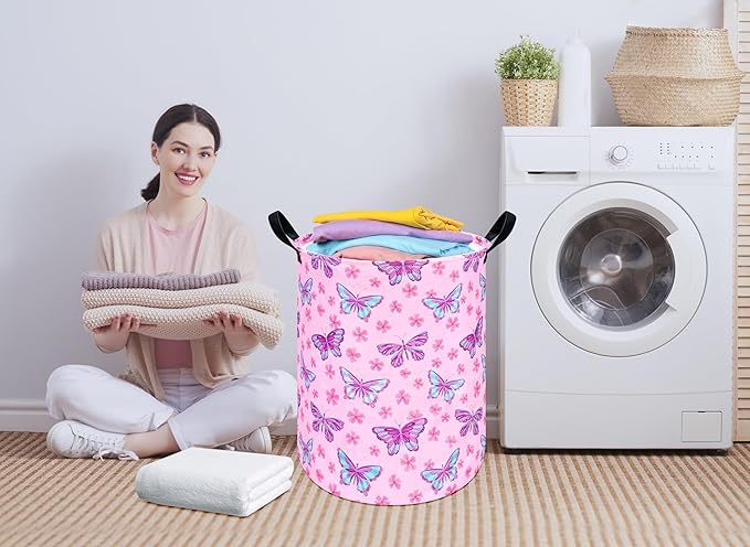 Round Butterfly Pattern Laundry Hamper Storage Basket Fabric Material Storage Hamper Organization Basket, Storage Bin, Gift Box with Handles for Room