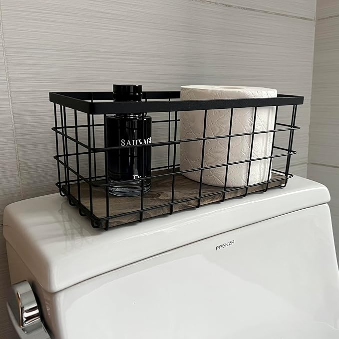 Bathroom Organizer Tray with wooden base, Home Decor Basket, Metal Wire Storage Basket, Organizer for Skincare, Japanese farmhouse basket, Black (3, Set of 3 - Extra Small+Small+Medium)
