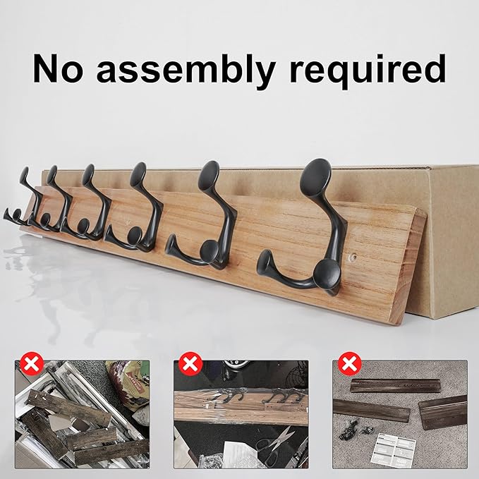 SKOLOO 36-Inch Wood Coat Rack Wall Mount with 6 Triple Hooks - Ideal for Family Entrances, Classrooms, and Pet Supplies Storage - Perfect Coat Hooks for Wall, Black on Natural