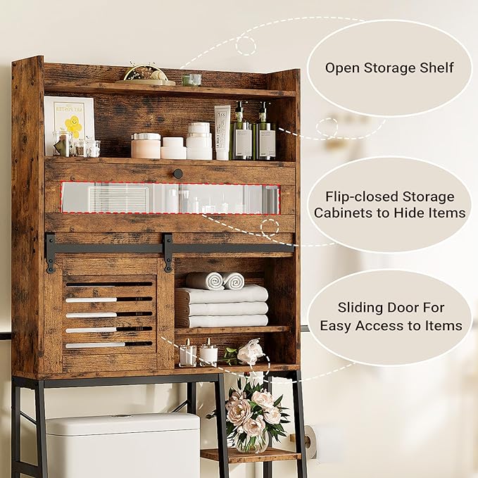 IRONCK Over The Toilet Storage Cabinet with Sliding Barn Door, 5-Tier Farmhouse Bathroom Organizer with Side Open Shelves, Freestanding Space Saver, Adjustable Shelf, Vintage Brown