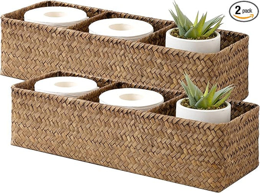 StorageWorks Toilet Paper Basket for Back of Toliet，Basket with 3 Enlarged Compartments, Seagrass Toilet Paper Storage Baskets, 17¼" x 6" x 4¼", Brown, 2-Pack