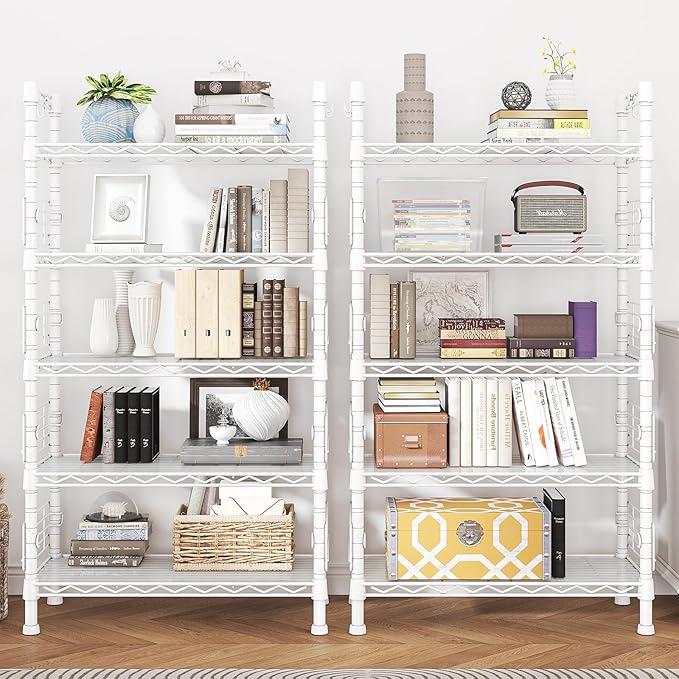 FUTASSI Large Metal Storage Rack, Storage Organizer Shelves for Kitchen, Bathroom, Living Room, Balcony and Garage, 5 Tiers Narrow Bookshelf, 29.5" W x 9.4" D x 59.2" H, Load 480lbs, White
