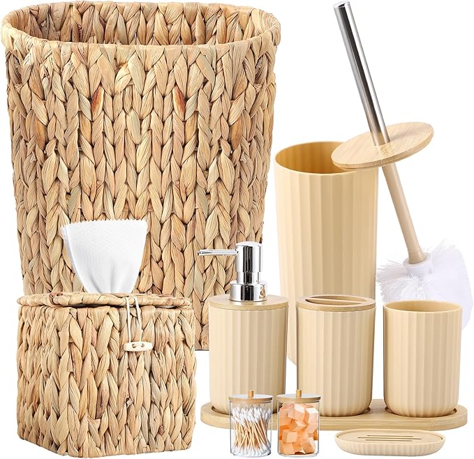 Bathroom Accessory Set, 10 Pieces Bath Set- Wicker Trash Can Tissue Box Soap Dish Toothbrush Holder Rinse Cup Lotion Bottle Toilet Brush Qtip Holder - Practical Bathroom Decor Sets (Beige, Bath Set)