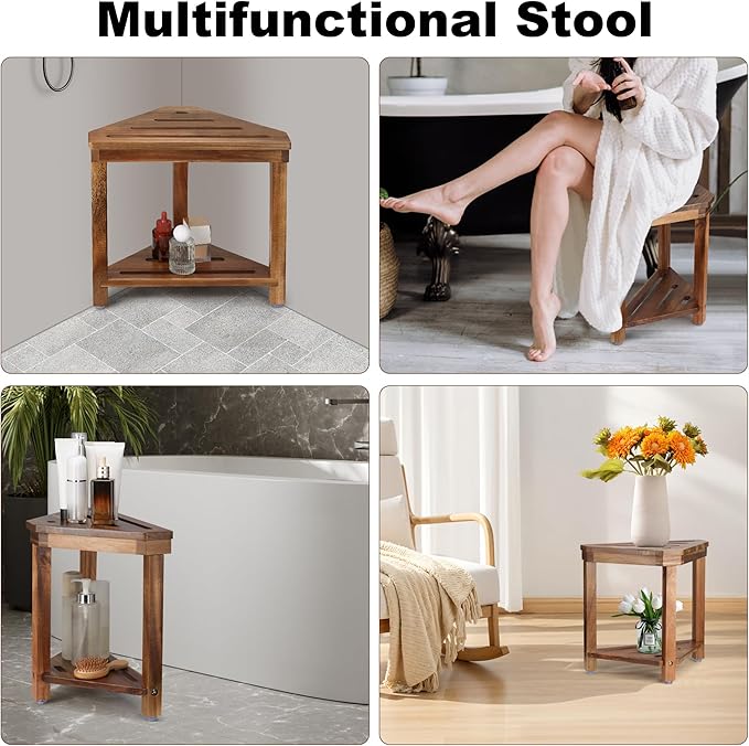 Acacia Wood Shower Stool for Shaving Legs, Shower Foot Rest with Storage Shelf for Inside Small Shower Spaces, Waterproof Shower Foot Stool for Inside Shower, Corner Bath Shower Bench