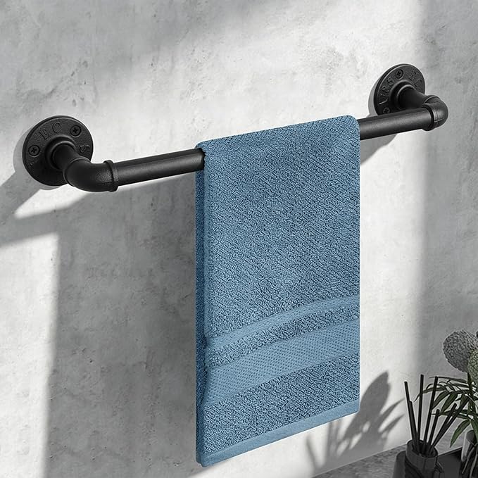 Industrial Pipe Towel Rack Towel Bar, Heavy Duty Wall Mounted Rustic Farmhouse Bath Towel Holder for Bathroom (Black, 16 inch)