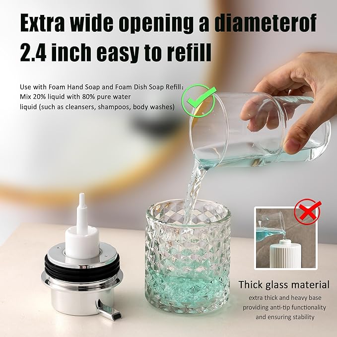 Malachi Foaming Hand Soap Dispenser, Refillable Clear Glass Foam Pump Bottle for Hand Soap, Dish Soap, Body Wash, Shampoo, Facial Cleanser & Baby Wash, Multi‑use for Bathroom, Kitchen & Commercial Use