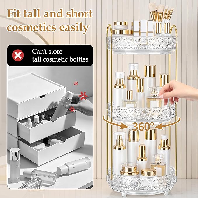 360 Rotating Makeup Organizer for Vanity, 2 Tier Adjustable Perfume Organizer for Dresser, Multi-Function Spinning Cosmetics Skincare Storage for Bedroom, Dresser, Countertop, Clear
