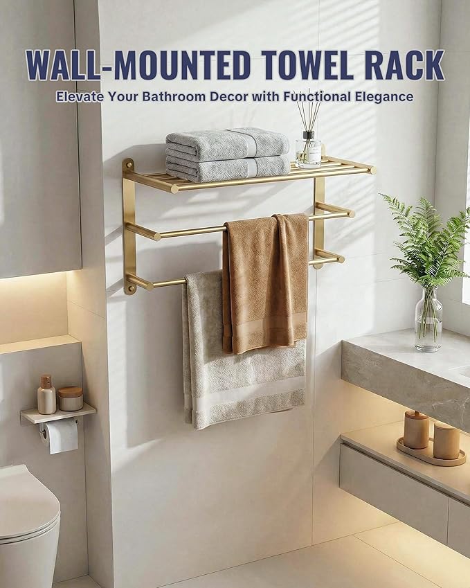 24 Inch Towel Racks for Bathroom: Brushed Gold Towel Rack with Double Towel Bar Wall Mounted - SUS304 Stainless Steel Bath Towel Holder with Shelf for Hotel Lavatory
