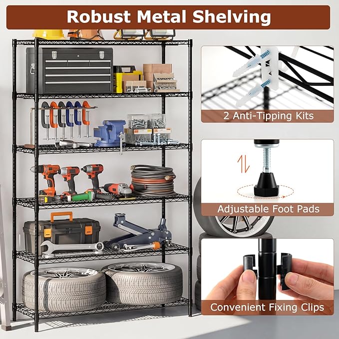 GOFLAME 6-Tier Metal Storage Shelving Unit, Heavy-Duty Adjustable Utility Shelf with V-Shaped Wire Rack, 450 LBS Storage Organizer for Home, Kitchen, Garage, Basement, 48”L x 18”W x 78.5”H
