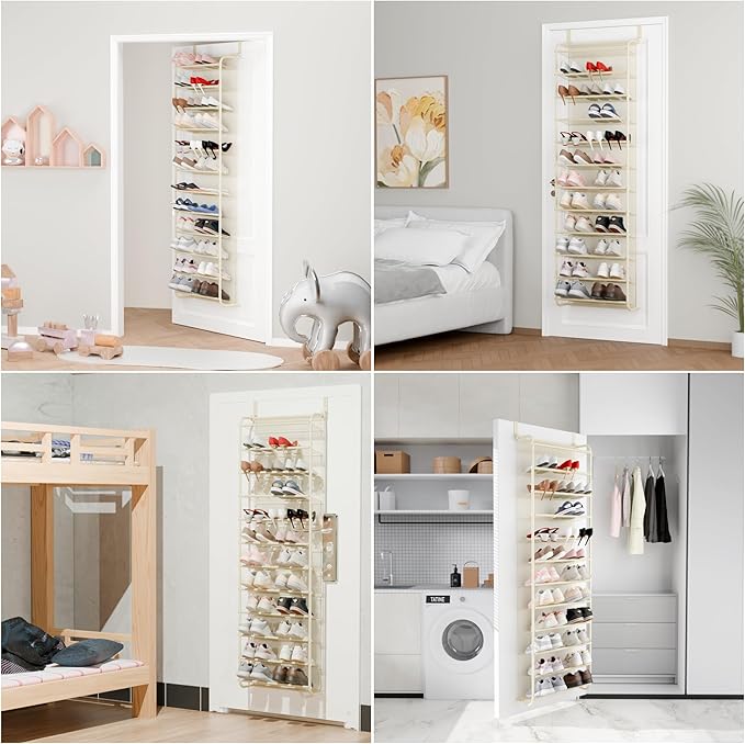 Whitmor 36 Pair Over The Door Shoe Organizer, 12 Tier Hanging Shoe Organizer, Heavy Duty Metal & Mesh Shoe Holder, Hanging Shoe Rack for Closet Organizer & Storage, 74"L x 21.7"W x 7.5"H, Beige