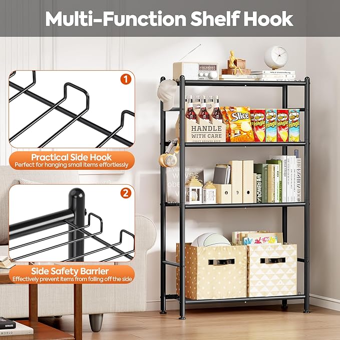 APEXCHASER Metal Shelving, 4-Tier Storage Shelves Large Capacity Steel Wire with Hooks, Adjustable Leveling Feet, Space-Saving Shelf Organizer for Pantry, Laundry, Kitchen (33''Lx12.6''Wx57''H)