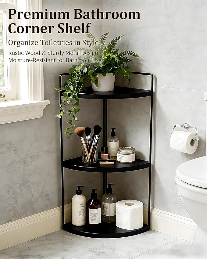 3-Tier Corner Bathroom Countertop Organizer, Solid Pine Wood Vanity Corner Shelf for Skincare & Makeup, Waterproof Standing Rack for Bathroom, Vanity, Kitchen & Dresser, Large 15.7"H, Black