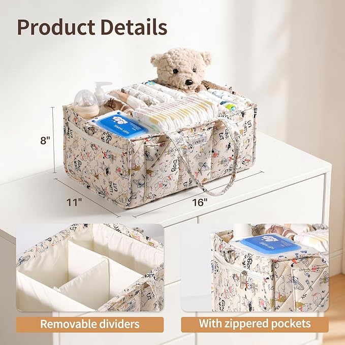 Colorful Cute Cartoon Animal Prints Baby Diaper Caddy Organizer, Large Storage Basket for Newborn Essentials Must Haves Baby Shower Gifts