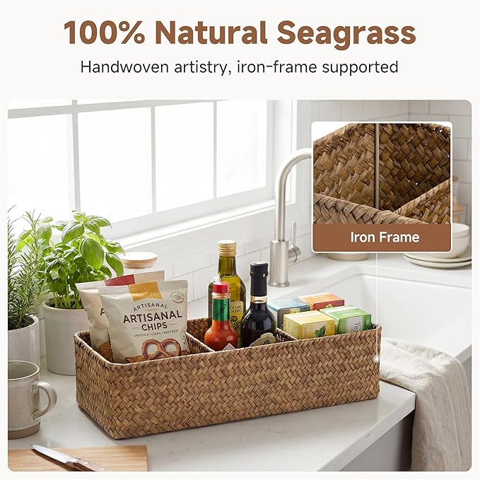 StorageWorks Toilet Paper Basket for Back of Toliet，Basket with 3 Enlarged Compartments, Seagrass Toilet Paper Storage Baskets, 17¼" x 6" x 4¼", Brown, 2-Pack