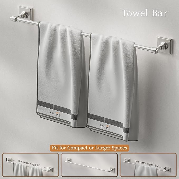 Brushed Nickel Bathroom Towel Bar Set, 5 Piece Bathroom Hardware Accessory Set, SUS304 Stainless Steel 24" Towel Rack Holder Set for Bathroom, Wall Mounted