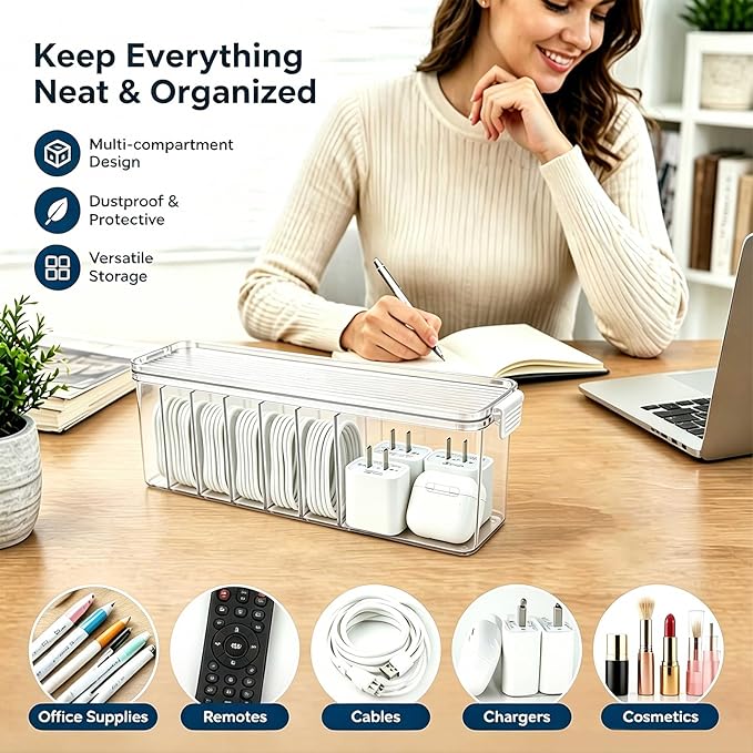 TexHome Cable Organizer Boxes Clear Charger Cable Storage Boxes with Lid and Cable Straps, Plastic Electronics Cord Organizer for Office Desk Home Drawer Accessories Storage, Clear