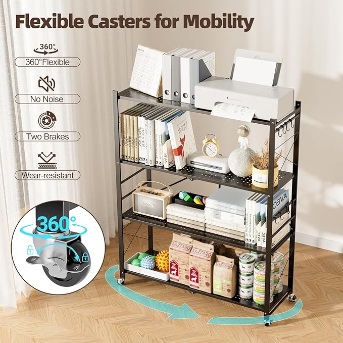39.4" Wide 4-Tier Foldable Storage Shelves with 4 Wheels & 20 Hooks, Heavy Duty Metal Folding Shelf Unit, No Assembly, Adjustable 3rd Shelf for Kitchen, Garage, Pantry, Bookshelf, Black