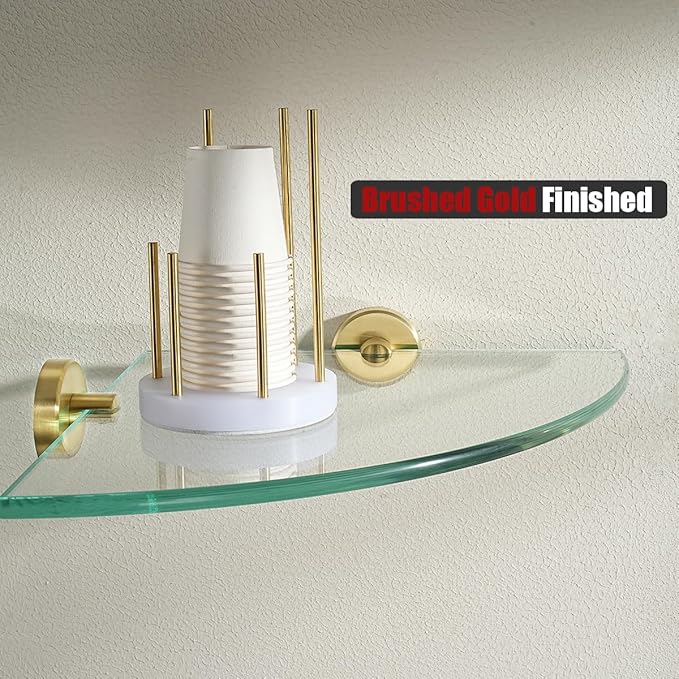 JQK Corner Glass Shelf 10.67 Inch, Brushed Gold Bathroom 304 Stainless Steel Shower Triangle Floating Wall Shelf Tempered Glass, 3 Pack TGS190L10-BG-P3