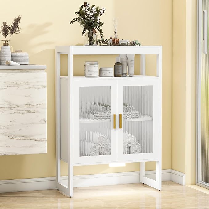 Bathroom Floor Storage Cabinet Freestanding Organizer with Sensor Light & Acrylic Doors for Bathroom, Home Office, Bedside, Sofa Side Table