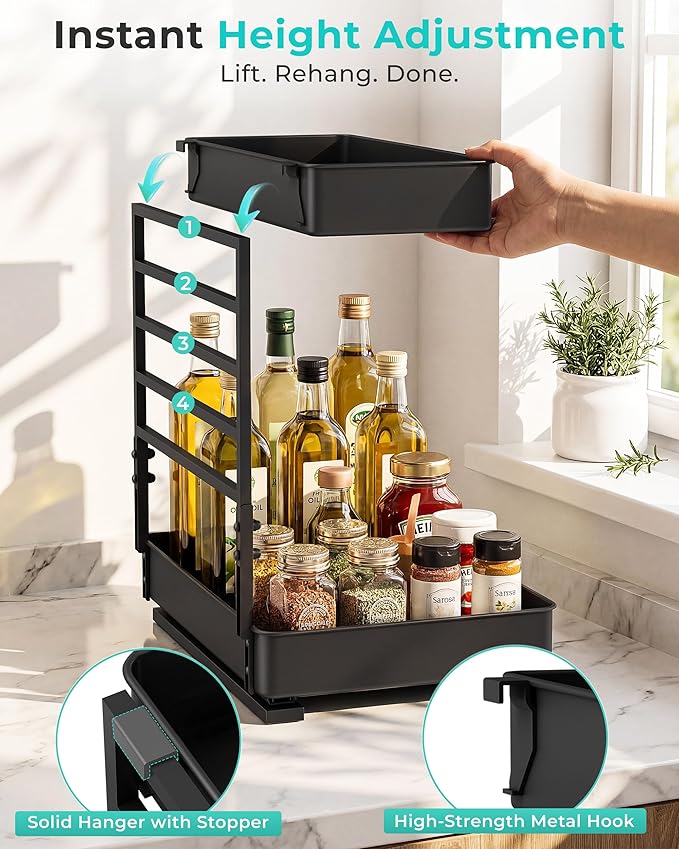 EVERIE Height Adjustable 2 Tier Metal Pull Out Slide Shelf Organizer for Under Sink Cabinets in Kitchen, Bathroom, with Snap-on Top Tray, 16" Deep (Black, 2 Sets) | Pull Out, Slide Shelf