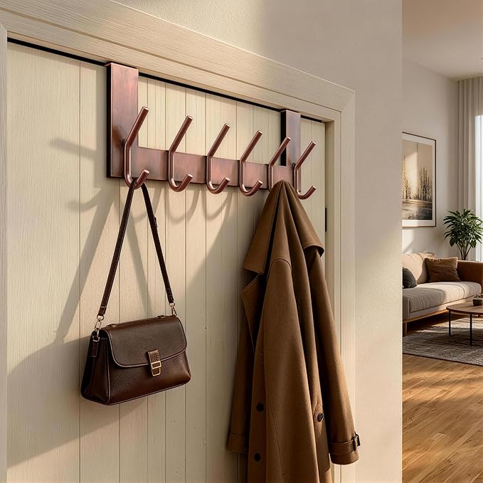 WEBI Over The Door Hooks for Hanging,Door Hanger:Over The Door Towel Rack,Over Door Coat Rack Door Coat Hanger,6 Hooks for Hanging Towels,Clothes,Hats,Behind Back of Bathroom,Antique Copper