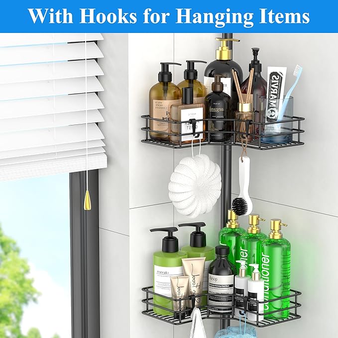 HuggieGems Adjustable Corner Shower Caddy Organizer Rack Shelves, Bathroom Shelf Storage, 4 Tier, Black, 2 Ways of Installation