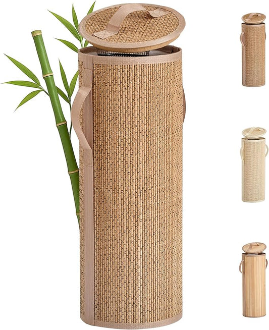 Bamboo Toilet Paper Storage Basket with Lid & Handle - 10L Handwoven Bathroom Organizer for 4 Rolls - Sturdy Stand Holder for Toilet Paper Organization, Carbon Brown