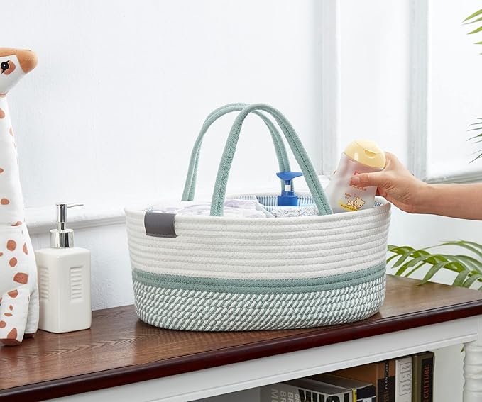 DECOMOMO Baby Caddy Organizer, Mother's Day Diaper Caddy Basket, Baby Baskets for Baby Shower (Sage Green & White, Large)