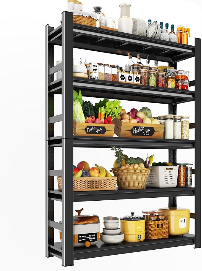 5-Tier Kitchen Shelf Organizer, Solid Metal Adjustable Storage Rack for Pots, Pans, Bottles & Pantry Goods, Space-Saving, Black 72''H×35.4''W×15.7''D