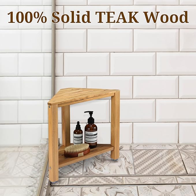 Teak Corner Shower Stool 15in, Wood Shower Bench Seat with Storage Shelf, Waterproof Shower Foot Stool for Shaving Legs, Ideal for Inside Shower or Bathroom