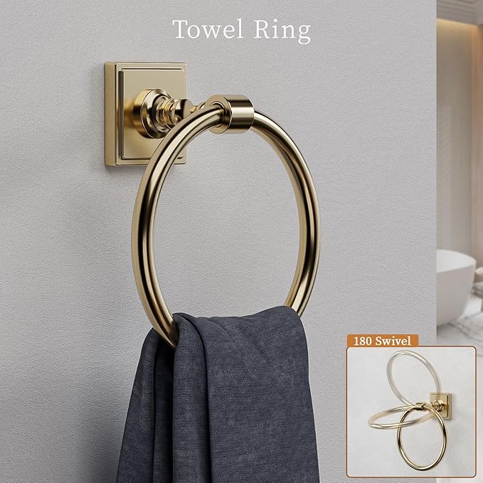 Champagne Gold Bathroom Towel Bar Set, 5 Piece Bathroom Hardware Accessory Set, SUS304 Stainless Steel 24" Towel Rack Holder Set for Bathroom, Wall Mounted
