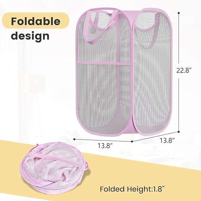 2 Pack Strong Mesh Pop-up Laundry Hamper, Quality Pop Up Hampers for Laundry with Durable Handles Solid Bottom High Carbon Steel Frame, Easy to Open and Fold Flat for Storage(Light Pink)