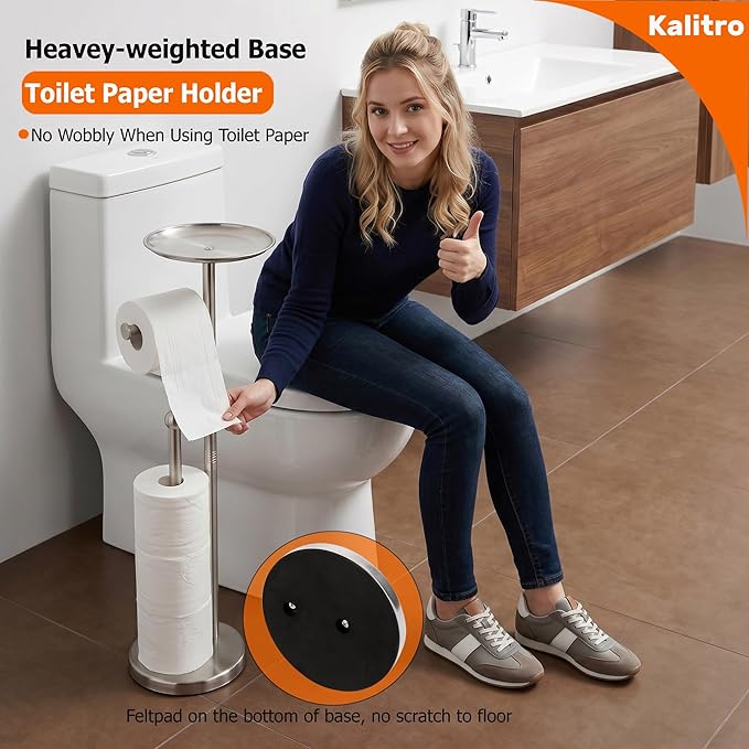 Kalitro Toilet Paper Holder Freestanding with Big Shelf, 4 Rolls Reserve Paper Holder Stand, Modern Paper Roll Holder with Storage Space for Phones (Brushed Nickel)