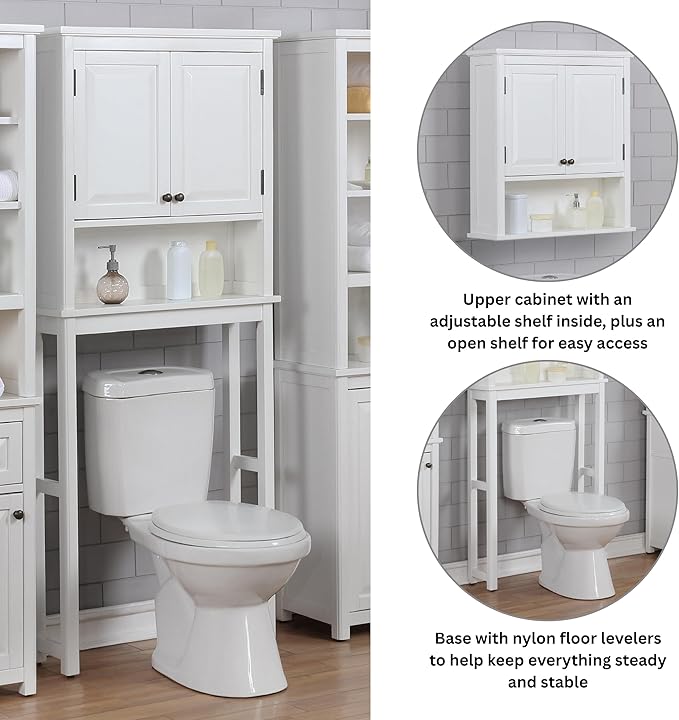 Alaterre Furniture Dorset Over-the-Toilet Storage Cabinet Set – Bathroom Organizer with Adjustable Shelf, Open Display Shelf, Zinc Hinges, and Nylon Floor Levelers (White)