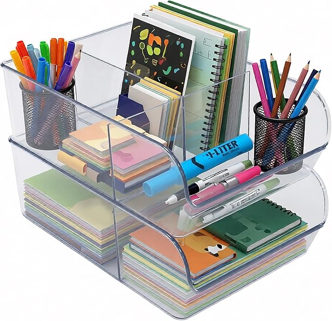 Azar Displays 556752-4PK Clear Storage Bin with Dividers Multi-Compartment Stackable Organizer for Kitchen Bathroom Pantry and Office BPA-Free Plastic (Pack of 4)