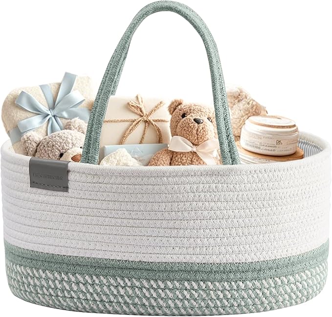 DECOMOMO Baby Caddy Organizer, Mother's Day Diaper Caddy Basket, Baby Baskets for Baby Shower (Sage Green & White, Large)