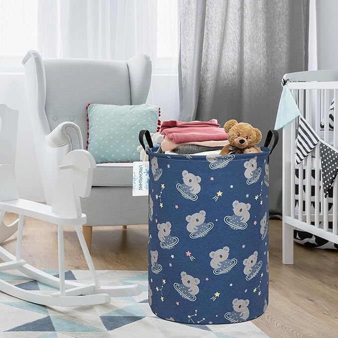 Laundry Basket Canvas Fabric Collapsible Organizer Basket for Storage Bin Toy Bins Gift Baskets Bedroom Clothes Children Nursery Hamper (Space Koala)