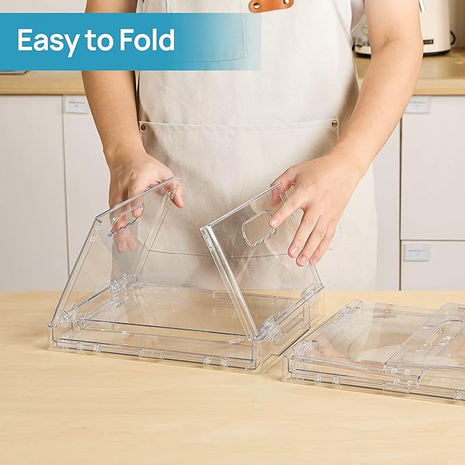 ANUMITRA 2 Pack Large Foldable Open Front Storage Bins with Lids, Stackable Clear Plastic Container Organizer for Pantry, Kitchen, Cabinet, Bathroom, Closet Organizers and Storage