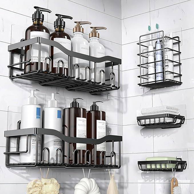 14 Pack Shower Caddy Adhesive Replacement Flat Strips, Heavy Duty Transparent Waterproof Hooks for Bathroom Storage Shelves, No-Drilling Sticky Wall Mount Hooks for Kitchen Organizers
