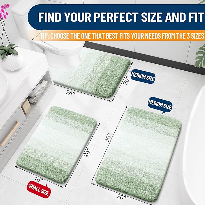 OLANLY Bathroom Rug Set 2 Piece, Soft Absorbent Microfiber Bath Mats and U-Shaped Contour Toilet Rug, Non-Slip, Machine Wash Dry, Plush Shaggy Bath Mats for Bathroom (30"x20"+24"x20", Sage Green)