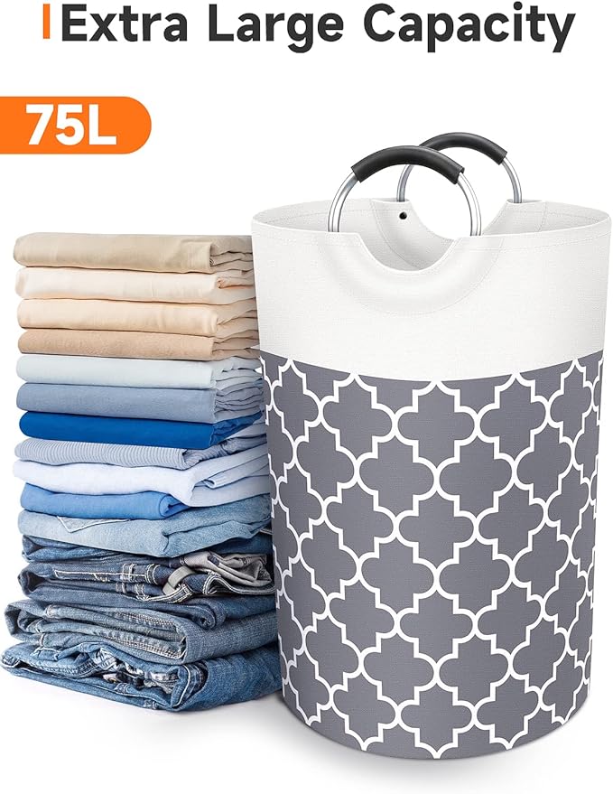 Fabspace Large Laundry Basket Laundry Hamper Bag Washing Bin Clothes Bag Collapsible Tall with Handles Waterproof Travel Bathroom College Essentials Storage for College Dorm, Family (Grey) 75L