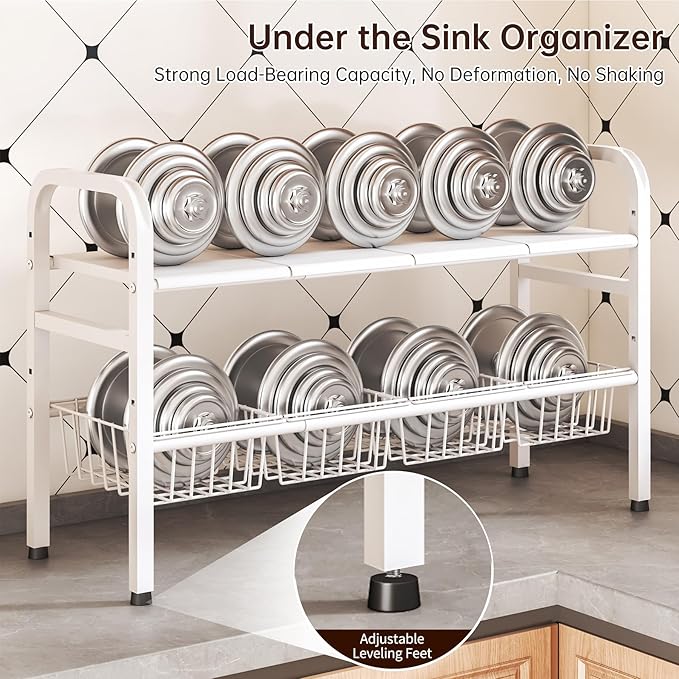 Under Sink Organizer Bathroom 2 Tier,Expandable and Height Adjustable Under Kitchen Sink Organize with Cupboard Shelf,for Kitchen, Bathroom,Laundry Pantry Cabinet,Apartment,White