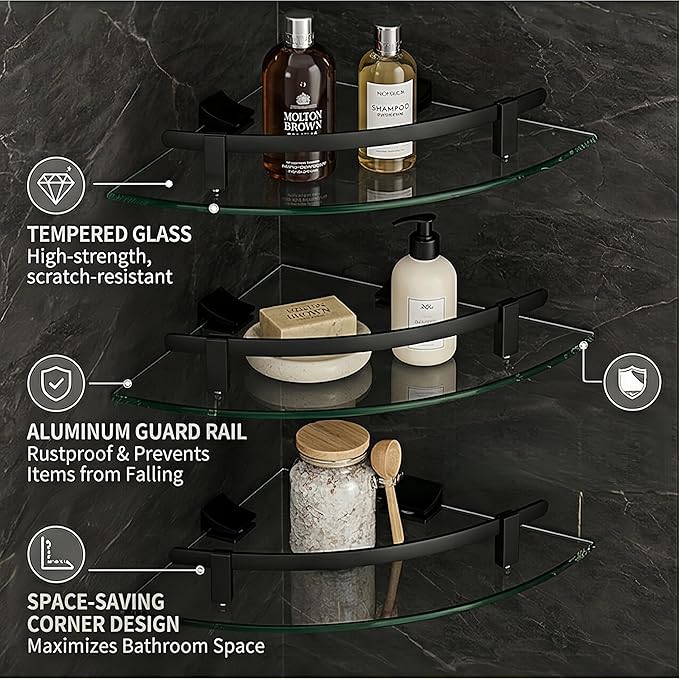 Glass Corner Shelf for Bathroom Corner Shelf, 3 Pack Tempered Glass Shelf with Black Metal Rails，Suitable for Bathroom