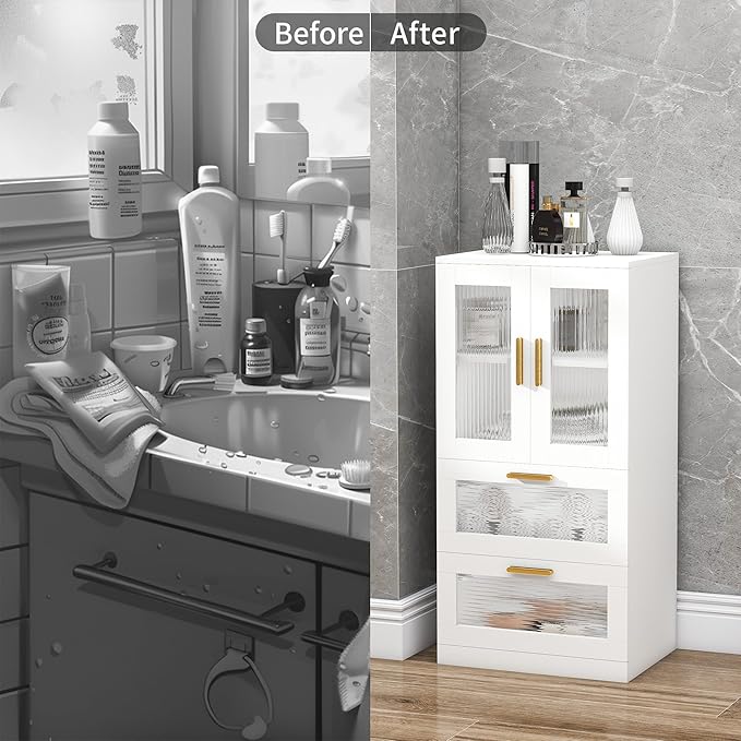 Bathroom Floor Storage Cabinet Freestanding Organizer with Acrylic Doors for Bathroom, Home Office, Bedside, Sofa Side Table